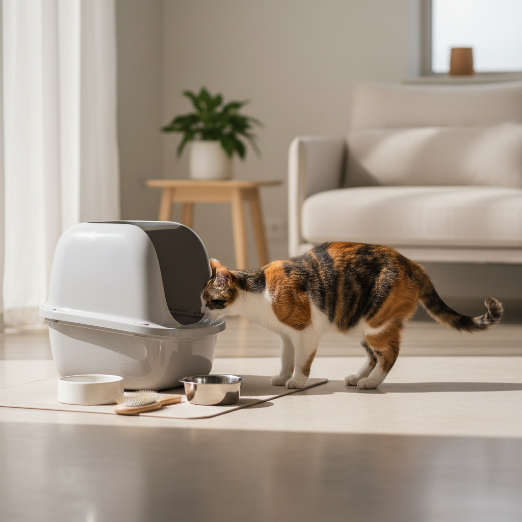 一隻橘白相間的貓咪在明亮的客廳中，正好奇地聞著灰色貓砂盆的入口，旁邊擺放著貓碗和梳子，展現貓咪照護的日常情境。