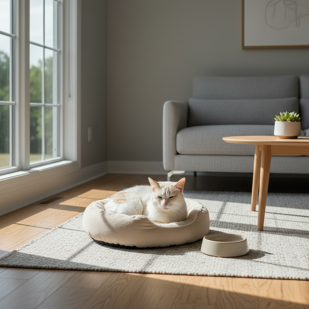 一隻米白色的貓咪舒適地躺在淺米色貓窩裡打盹，溫暖的陽光透過窗戶灑落在木地板上，形成一片光影交錯的區域，讓貓咪享受日光浴。旁邊地板上擺著一個淺色貓碗，整體畫面營造出寧靜又溫馨的養貓生活氛圍，提醒我們給予貓咪健康的照護。