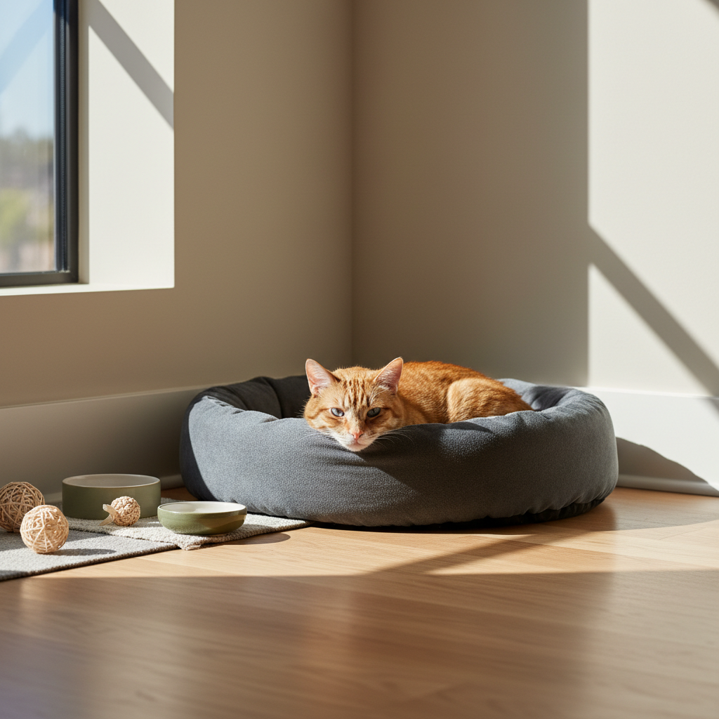 一隻橘貓舒服地躺在灰色貓窩裡休息，陽光從窗戶灑落，地板上擺放著兩個貓碗和玩具球，營造出溫馨寧靜的養貓生活場景，是貓咪健康照護中不可或缺的舒適空間。
