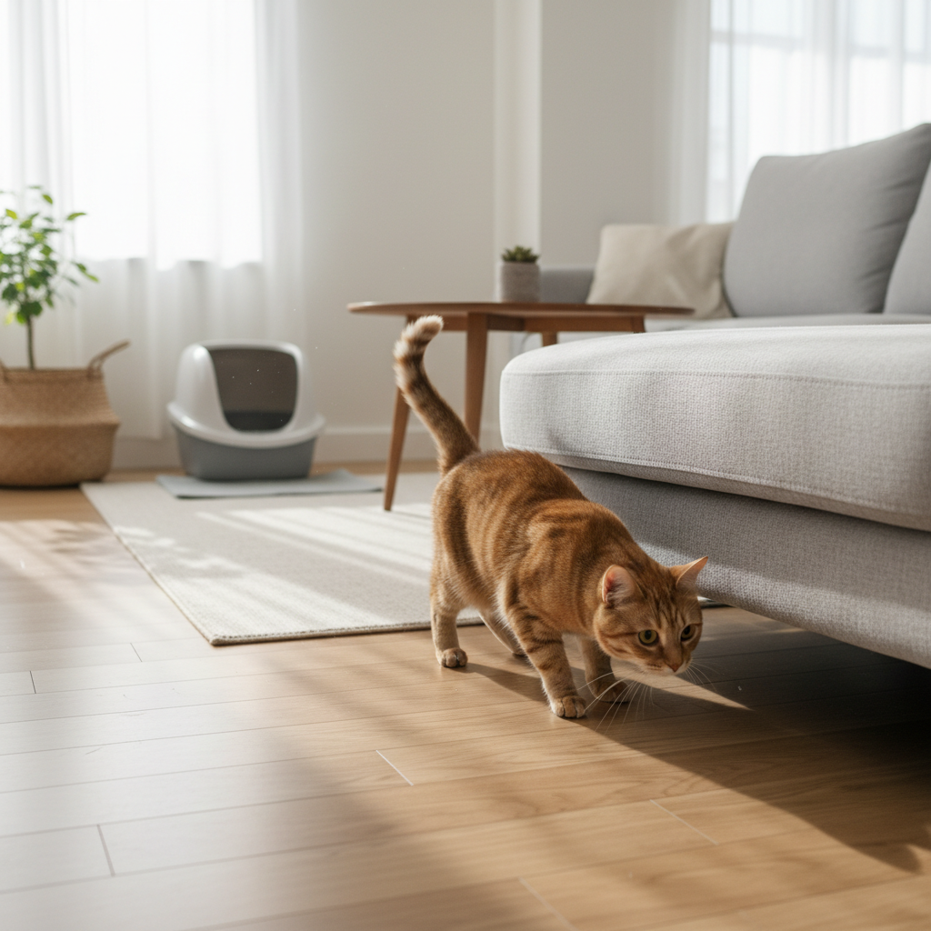 一隻橘貓在明亮的客廳地板上，好奇地探頭從沙發旁走過，背景可見一個整潔的貓砂盆，凸顯養貓生活中的日常與貓咪照護的重要性。