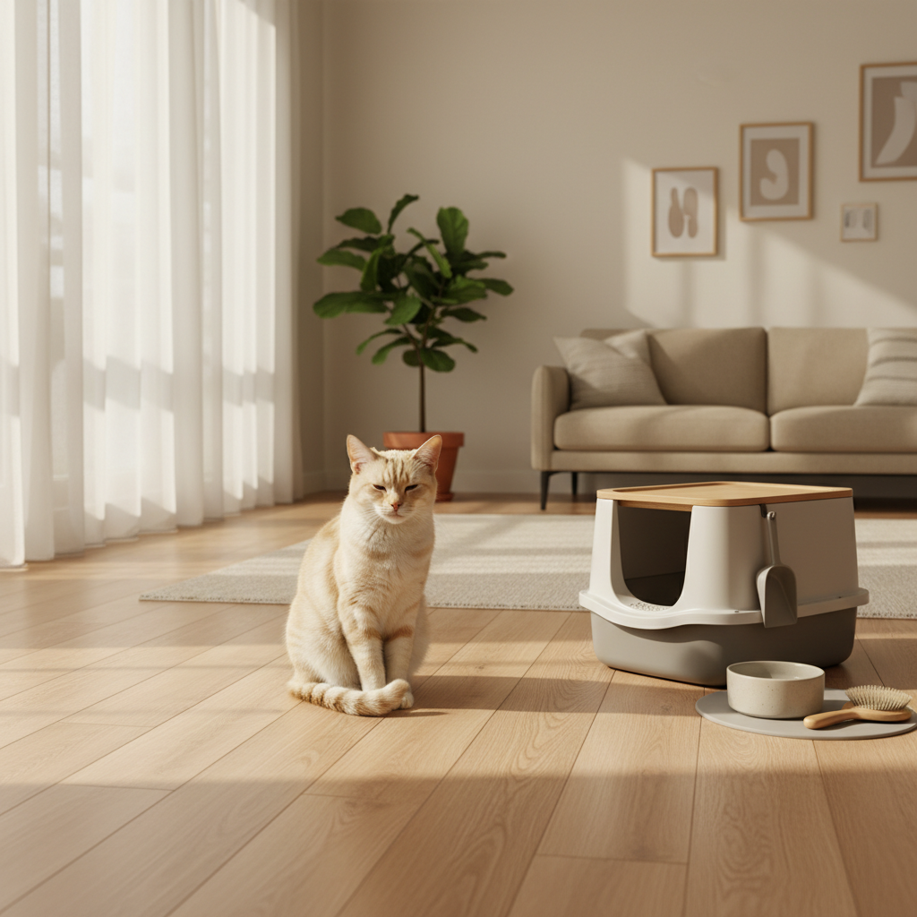 一隻米白色的貓咪舒適地坐在木地板上，旁邊是現代感十足的貓砂盆、飼料碗和貓咪梳理用品。圖片呈現出一個整潔明亮的居家空間，陽光透過窗簾灑落在地上，營造出溫馨的養貓生活氛圍。這個畫面對於想了解養貓必備用品的養貓新手來說非常實用。