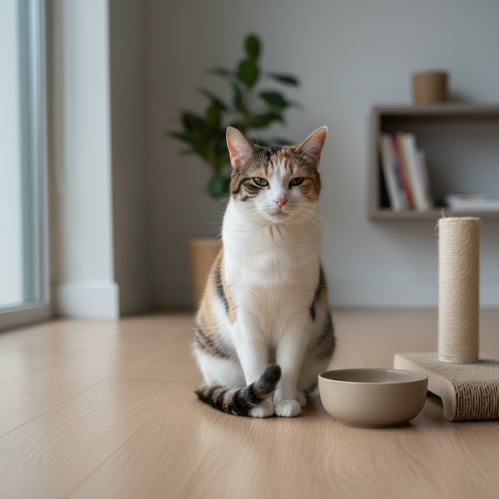 一隻擁有橘、白、黑三色毛髮的可愛貓咪，端坐在淺色木地板上，眼神望向前方，牠的旁邊擺放著一個米色貓碗和一個貓抓柱。這張照片完美呈現了居家養貓的溫馨日常與貓咪照護的細節。