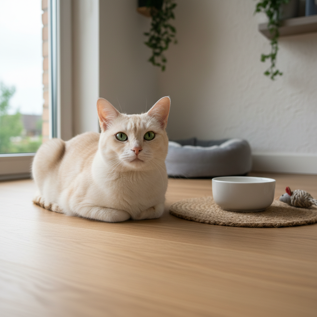 淺米色貓咪趴臥木質地板，旁有食碗與玩具老鼠，呈現居家貓咪健康照護日常