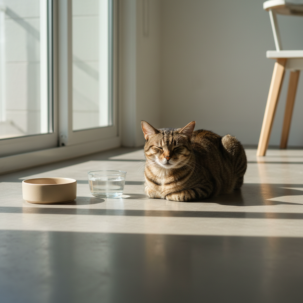 一隻斑紋貓咪在灑滿陽光的室內地板上,閉著眼睛舒服地躺著,身旁擺著飲水盆,呈現貓咪健康舒適的日常照護畫面。