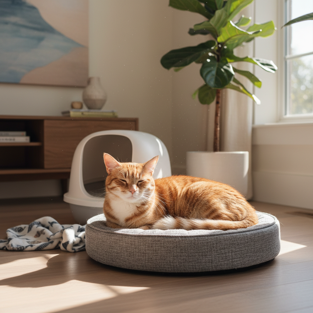 一隻橘色的貓咪舒服地窩在灰色的貓床上打盹，陽光灑落在牠身上，看起來非常放鬆。旁邊是牠的貓砂盆，顯示出這是個專為貓咪設計的居家空間。這張圖傳達了貓咪健康與照護的重要性，以及創造一個舒適養貓生活環境的必要。