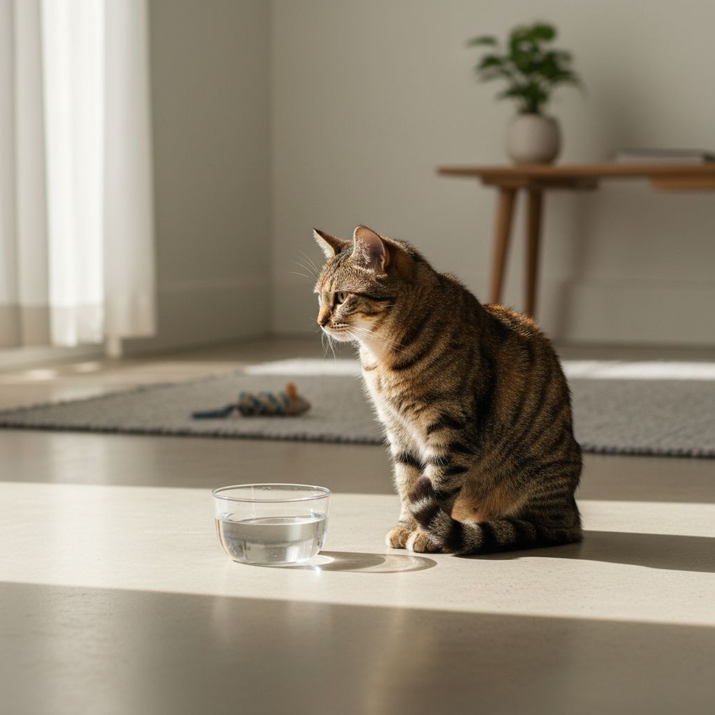 一隻斑紋貓咪安靜地坐著,面前擺放著一碗清澈的水,陽光從窗戶灑落,營造出寧靜的居家氛圍。這張圖片提醒著飼主,貓咪健康需要充足的水分,特別是關於貓泌尿道保健方面,確保貓咪有乾淨的飲用水來源是養貓生活中重要的一環。
