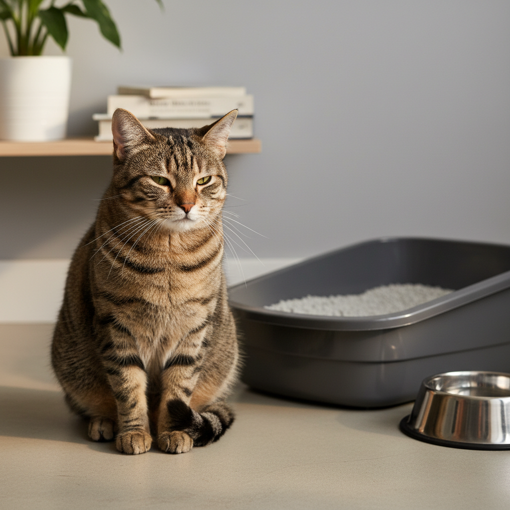一隻斑紋貓咪坐在貓砂盆旁邊，表情看似有些不悅，身旁還有一個貓碗。這張照片提醒飼主，維持貓砂盆清潔對於貓咪健康與照護的重要性，同時也關乎養貓生活品質。貓咪不愛上貓砂或貓亂尿尿可能與貓砂盆臭味或貓砂多久換一次有關，需要特別留意。