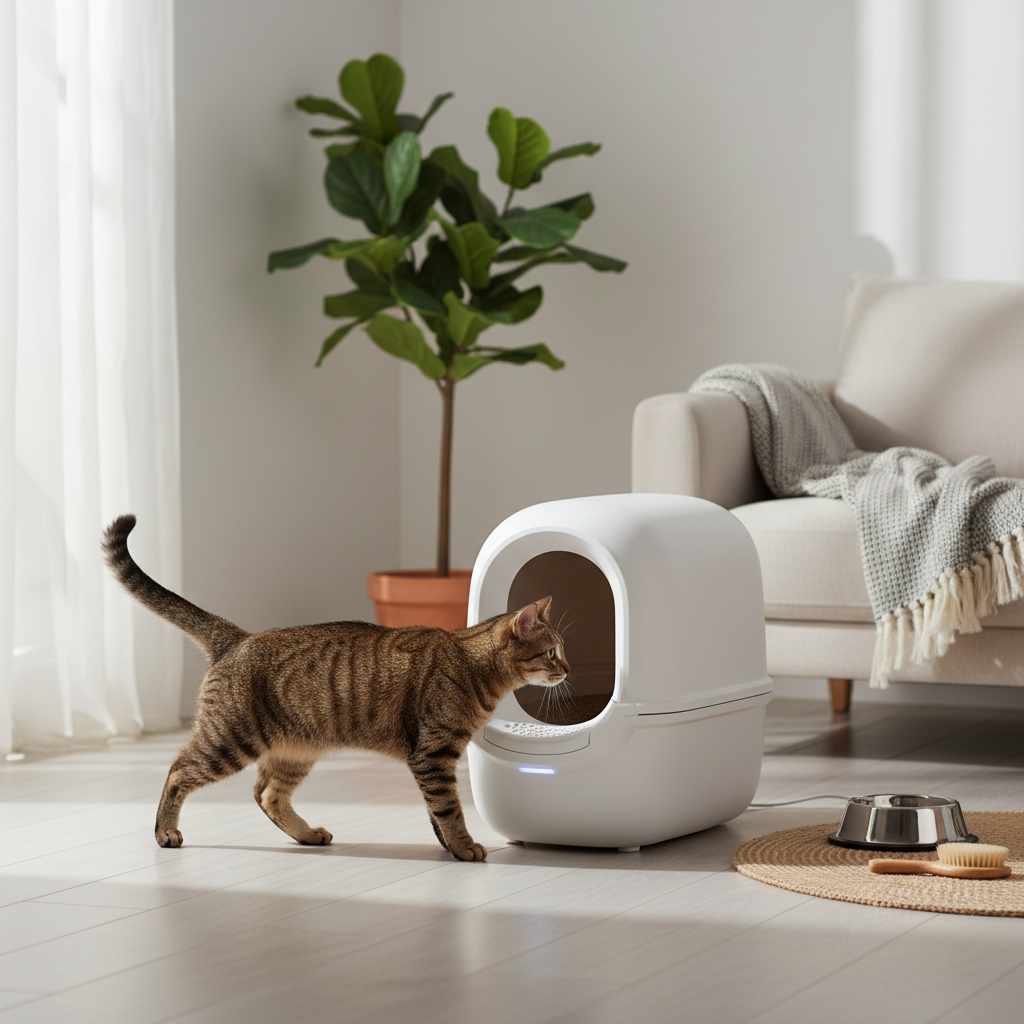 一隻斑紋貓咪準備走進家中的智慧貓砂盆,貓咪照護是養貓生活中很重要的一環,尤其像這樣有自動清潔功能的貓砂盆,能讓養貓生活更輕鬆。