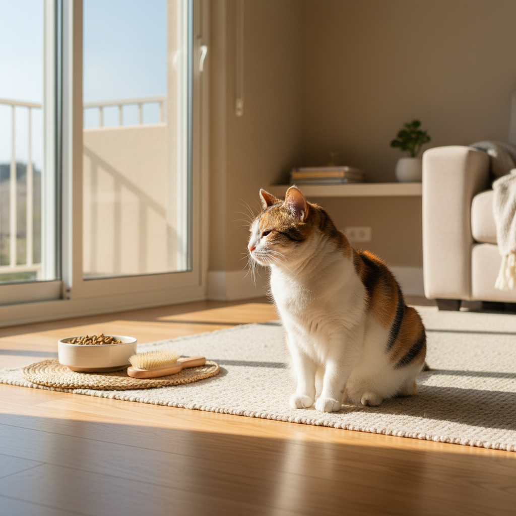 一隻花色貓咪坐在陽光灑落的客廳地板上，牠的眼神看向窗外，旁邊放著牠的貓食碗和一個貓咪用的梳子，看起來像是在享受著悠閒的貓咪照護日常。