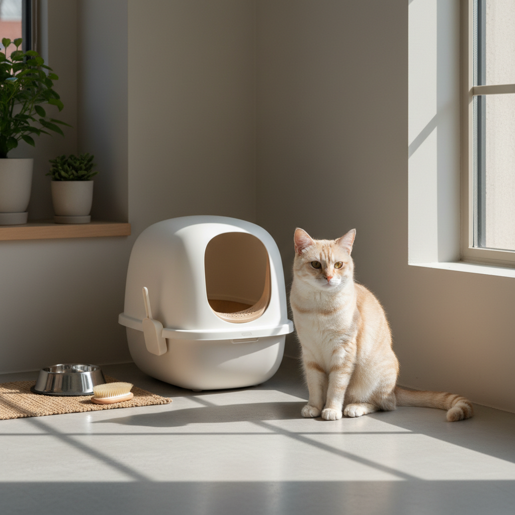 淺橘色虎斑貓與潔淨白色貓砂盆,展現安靜照護空間和養貓照護細節