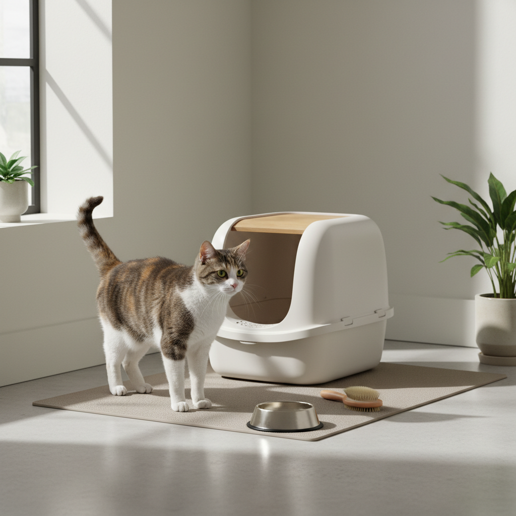 一隻擁有白色、棕色與黑色斑紋的虎斑貓，優雅地站在淺米色貓砂盆前，貓砂盆為半封閉式設計，搭配木質蓋板更顯簡潔美觀，地面鋪設的同色系貓砂墊上擺放著不鏽鋼貓碗與貓咪梳毛刷，整個場景搭配窗邊的自然光，營造出溫馨舒適的養貓生活空間，是養貓新手參考貓咪照護環境的理想示範。