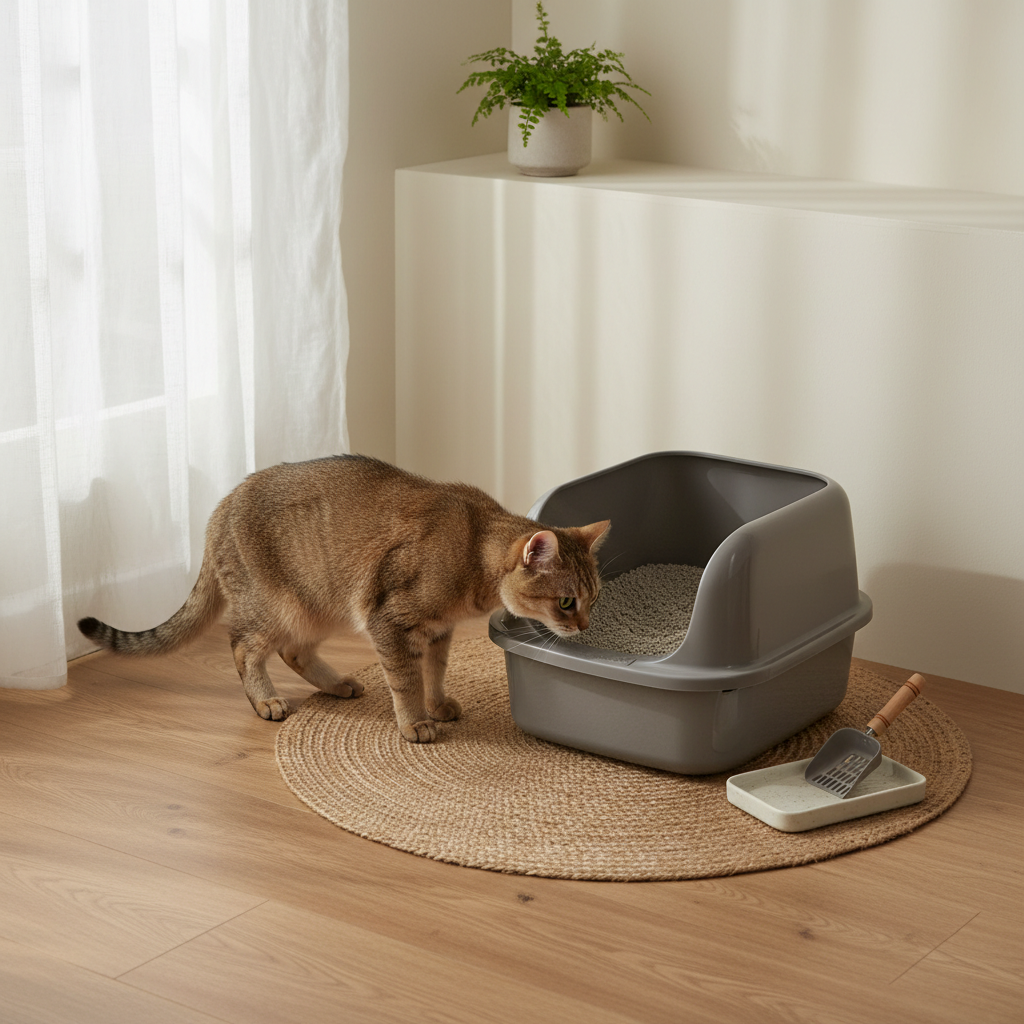 一隻金色的貓咪正在仔細嗅聞擺放在木質地板上的貓砂盆，旁邊還放著貓砂鏟和托盤。背景是淺色牆壁和窗戶，以及一盆綠色植物。這張圖片很適合說明養貓新手如何選擇貓砂、貓砂推薦，以及如何維持貓咪健康與照護。