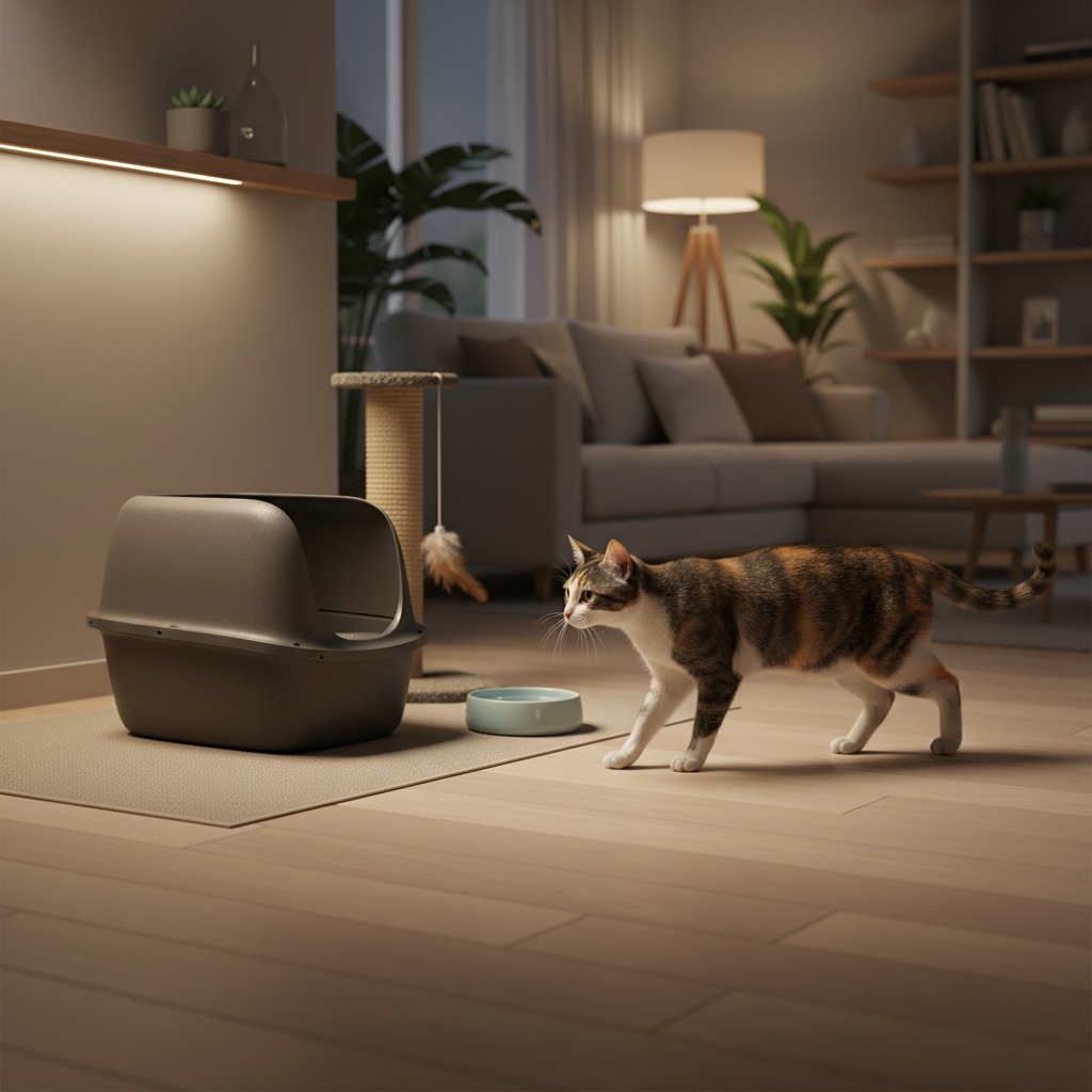 家中客廳橘白虎斑貓緩步走向貓砂盆和食碗,提醒貓砂擺放和健康照護細節