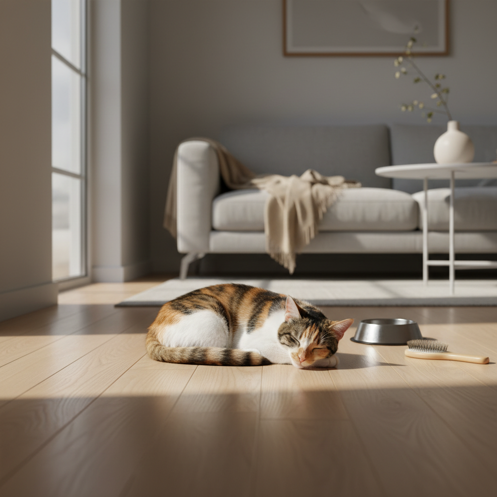 一隻橘白相間的貓咪在陽光灑落的木地板上安穩睡覺，身旁放著一個貓碗和貓梳，顯示出悠閒的貓咪照護生活。