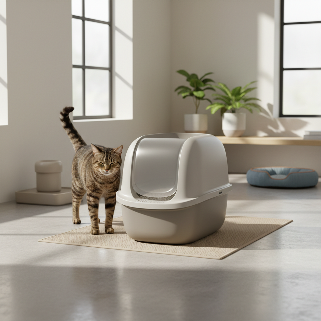 一隻斑紋貓站在米色貓砂墊上,準備進入一個造型時尚的封閉式貓砂盆。這個貓砂盆設計簡潔,適合注重貓砂除臭與低粉塵的養貓家庭,確保貓咪健康與舒適的如廁環境。