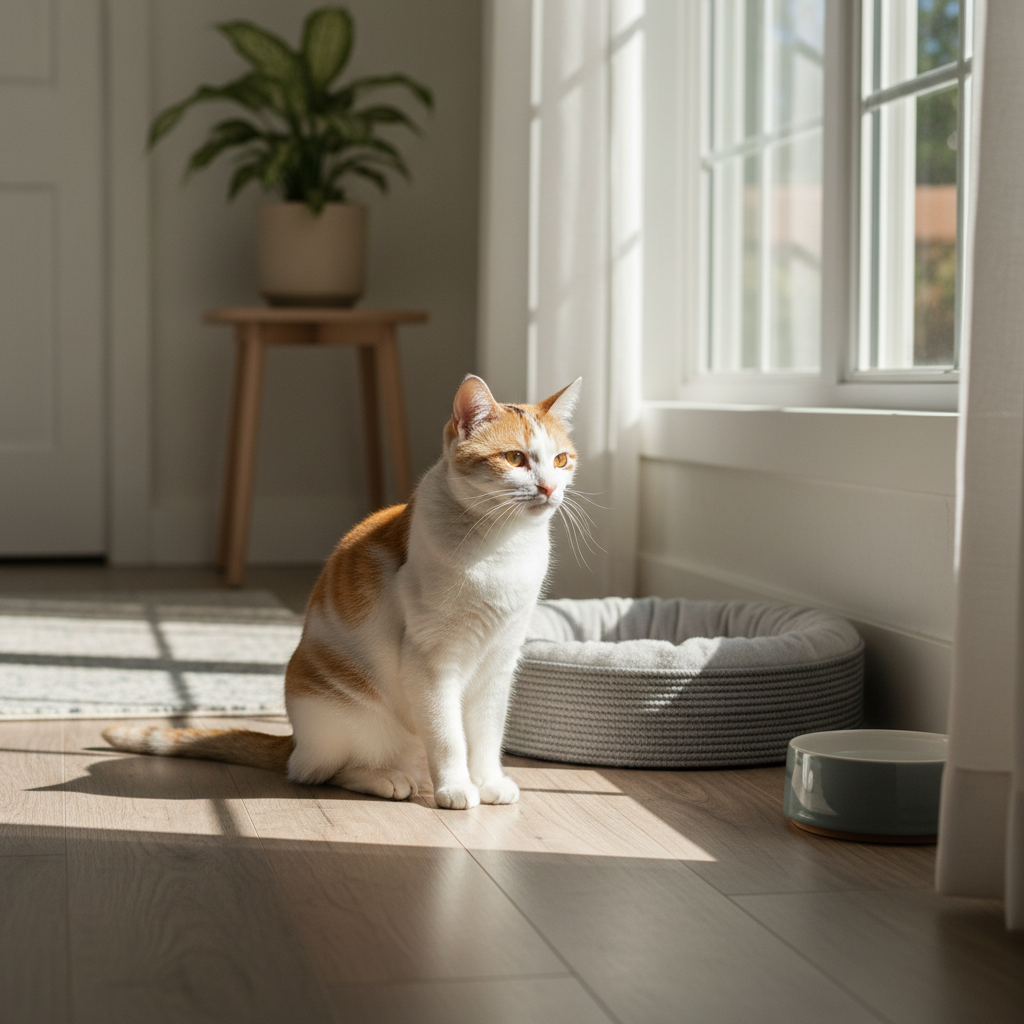 一隻橘白色相間的貓咪坐在灑滿陽光的木質地板上，靠近窗戶和牠的貓床與水碗。牠側著頭，眼神專注地望向遠方，陽光在牠的毛髮上投下溫暖的光暈。這張圖片展現了貓咪健康舒適的居家照護生活。