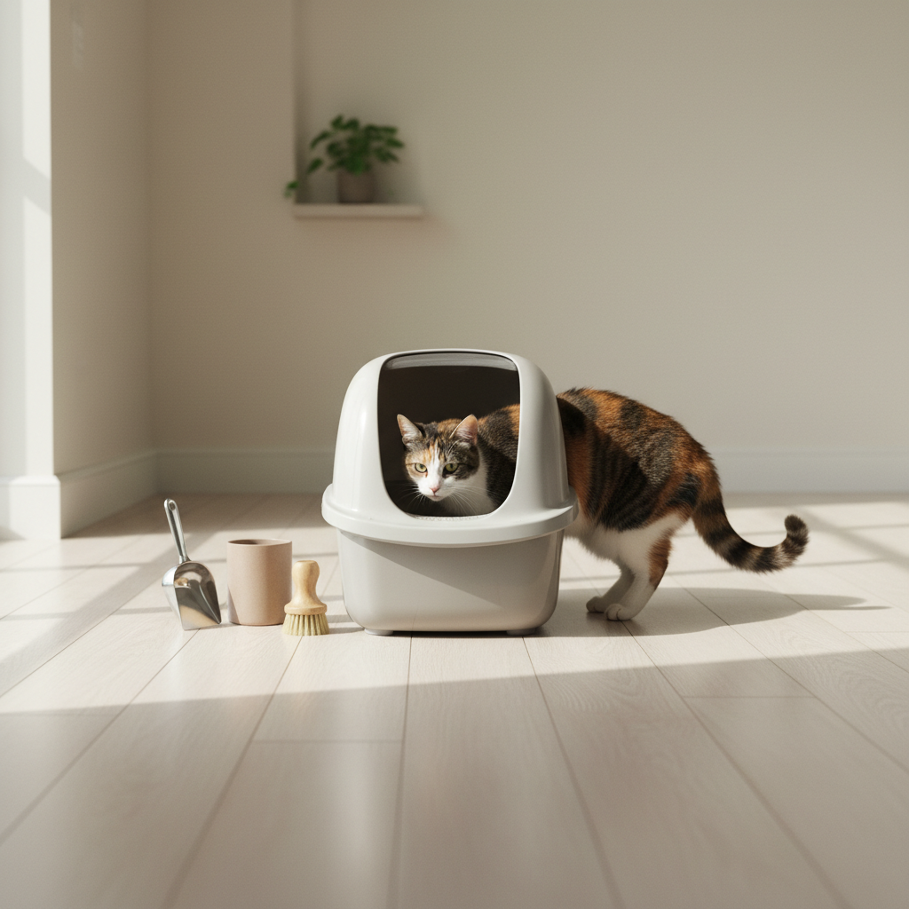 一隻擁有橘、白、黑三色毛髮的可愛貓咪，正從淺灰色、有上蓋的貓砂盆中探出頭來，好奇地望向前方。貓砂盆旁整齊擺放著貓砂鏟、一個圓筒狀容器和一把小刷子，顯示出飼主對貓咪照護的細心。整個畫面充滿溫暖的陽光，突顯了養貓生活中環境清潔與貓咪健康的重要性。