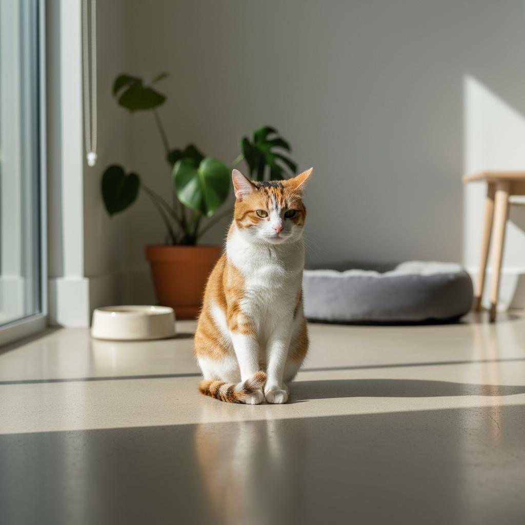 一隻橘白色相間的貓咪在陽光灑落的室內地板上坐著，神情平靜而專注。牠的毛色清晰可見，陽光映照出地板的光澤。背景可見綠色植物與寵物床，這隻貓咪的姿態顯示牠正處於放鬆狀態，這也暗示了良好的貓咪健康照護環境。