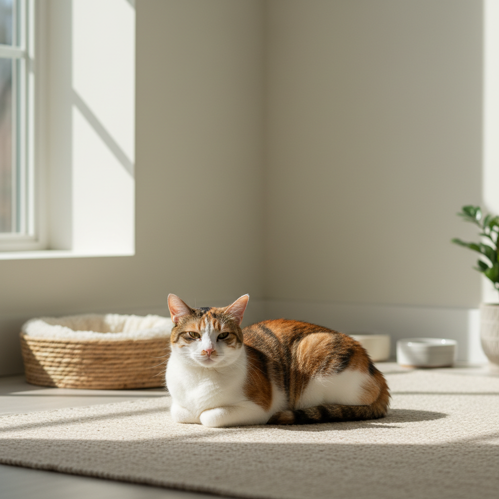 一隻擁有橘色、白色與咖啡色斑紋的虎斑貓，在陽光灑落的室內地板上優雅地臥坐著，背景可見明亮的窗戶與貓咪專屬的柔軟睡窩，呈現溫馨的養貓生活日常