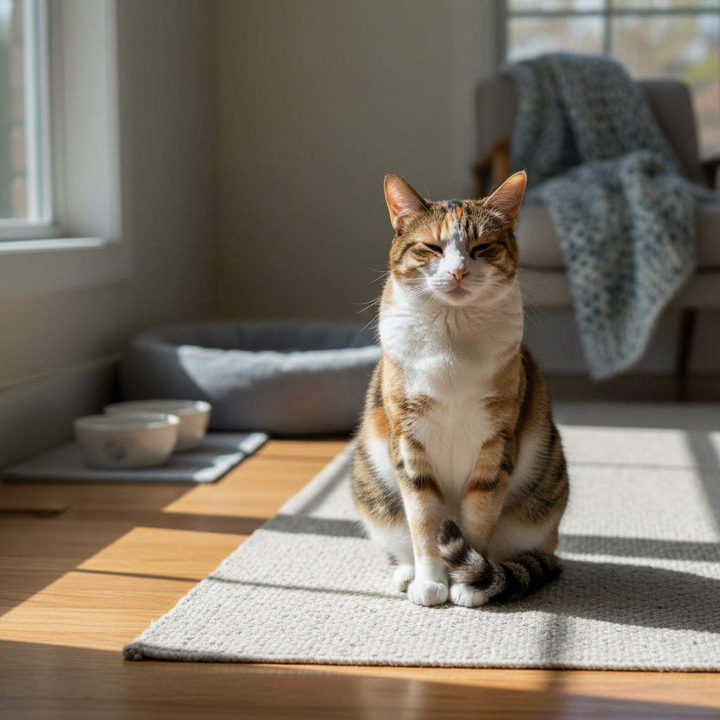 一隻可愛的虎斑貓在陽光灑落的客廳地板上，慵懶地瞇著眼睛，享受溫暖的陽光浴，旁邊是貓咪專用的灰色睡墊與餐碗，展現了飼主對貓咪照護的用心安排