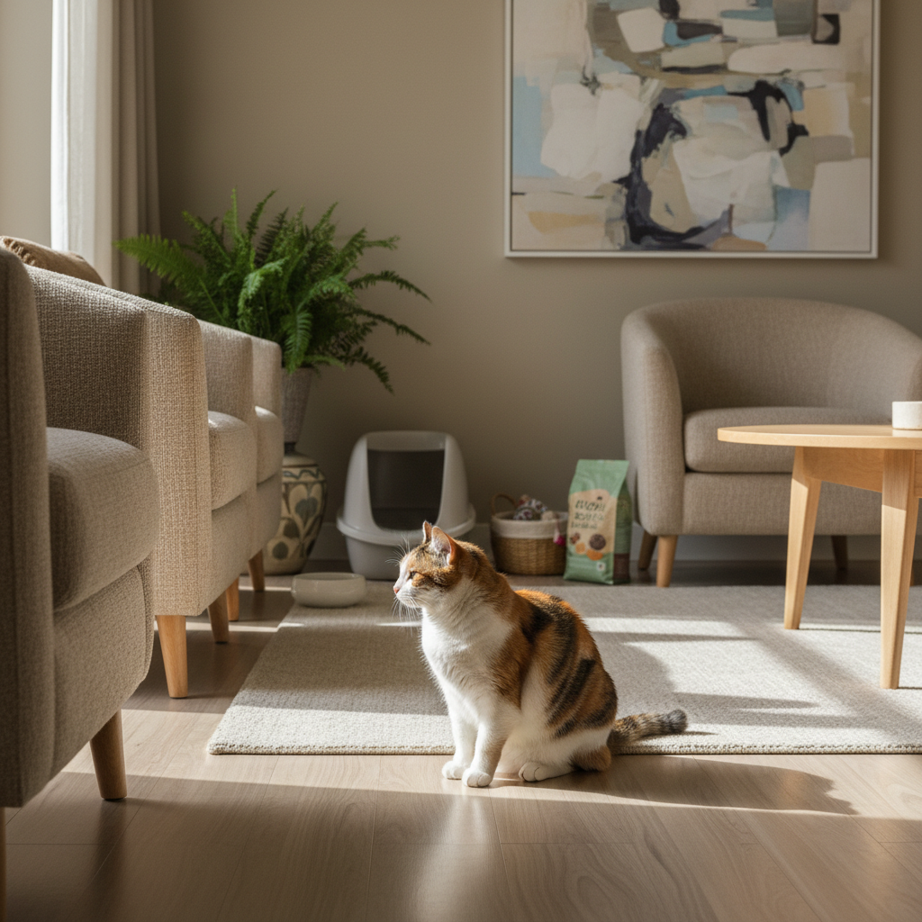 一隻擁有橘、白、棕三色毛髮的虎斑貓，優雅地坐在陽光灑落的木質地板上，側著頭望向遠方，眼神專注。牠的身後是鋪著米色地毯的客廳空間，擺放著兩張舒適的米色單人沙發。在貓咪後方較遠處，可見一個整潔的白色貓砂盆、一包貓飼料和一個編織籃，暗示著完善的養貓生活。陽光從窗戶灑入，為整個畫面帶來溫暖明亮的氛圍，展現了貓咪在家的舒適與愜意。