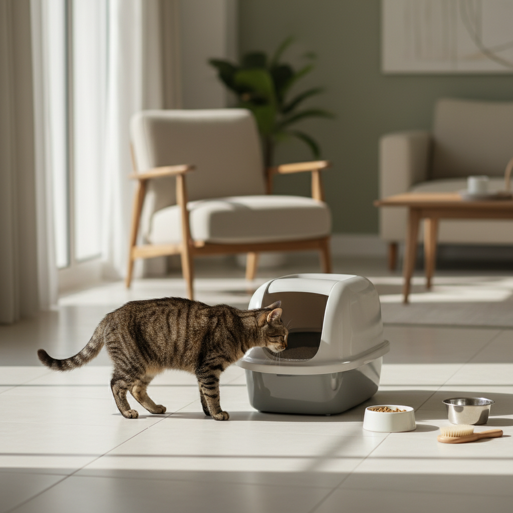 一隻擁有條紋毛色的虎斑貓,好奇地將頭伸進白色的封閉式貓砂盆入口處,似乎正在檢查貓砂是否乾淨。在充足的自然光線下,貓砂盆旁擺放著不鏽鋼貓碗與白色陶瓷貓碗,裡面裝有貓食和水,還有一個清潔刷。整個場景呈現出溫馨且注重貓咪照護的居家養貓生活。