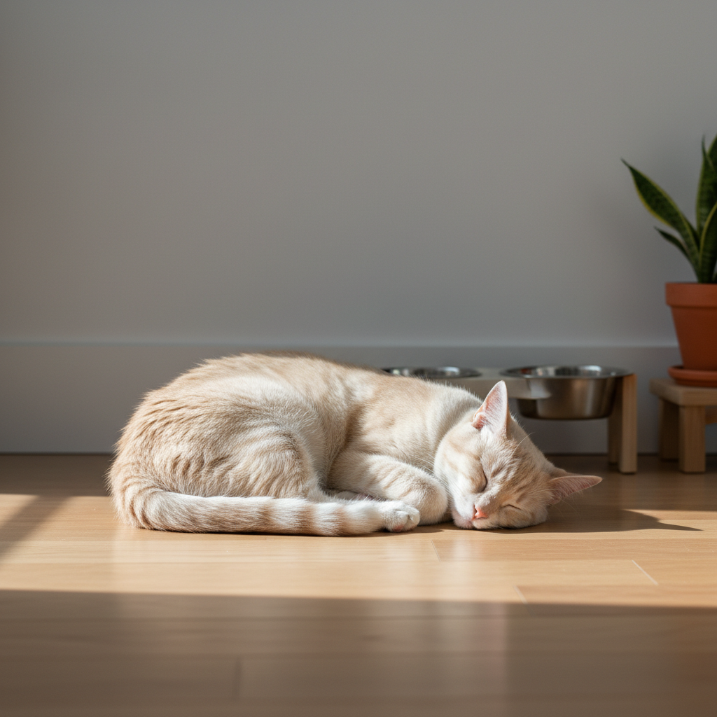 一隻米白色的貓咪正慵懶地捲曲身體,在溫暖的木質地板上曬著太陽睡覺,陽光灑落在牠的毛髮上,讓畫面看起來格外溫馨寧靜。貓咪的睡姿非常放鬆,顯見在居家環境中感到十分安心。畫面背景可見貓咪的碗和一小盆植物。這張照片能喚起養貓新手對貓咪照護的重視,確保貓咪健康舒適。