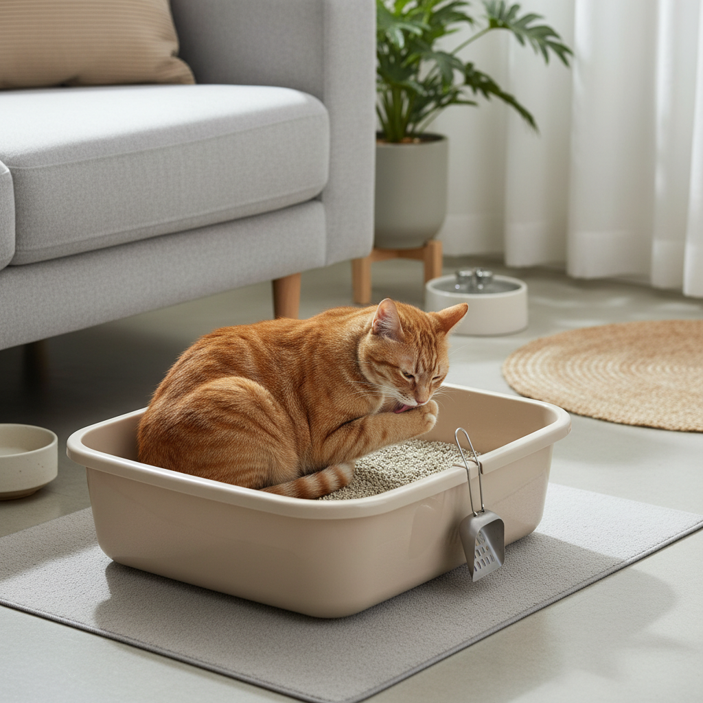 一隻橘貓正在淺米色的貓砂盆裡，用舌頭仔細清潔自己的毛髮，顯示出貓咪日常的自我照護行為。貓砂盆內是淺色貓砂，旁邊還放著一個貓砂鏟，整個畫面透露出貓咪在居家環境中受到良好照護的舒適感，也提醒養貓新手關於貓砂盆清潔和貓咪健康的重要性。