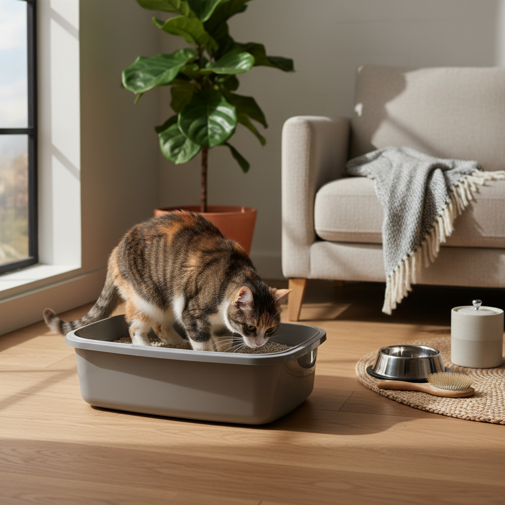 一隻擁有橘、棕、白三色毛髮的虎斑貓正在家中客廳的貓砂盆裡，專注地使用貓砂。這張圖片捕捉了貓咪在日常養貓生活中使用貓砂的自然瞬間，背景有舒適的米色沙發和綠色盆栽，展現溫馨的居家養貓生活場景，提醒貓咪照護的重要性。