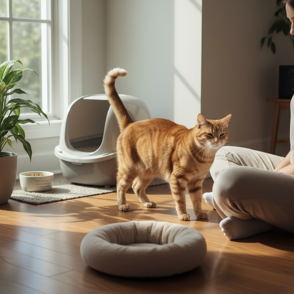 一隻橘色虎斑貓正在陽光灑落的客廳地板上，牠的貓砂盆擺放在窗邊，旁邊還有綠色盆栽和飼料碗。畫面中也能看到貓咪的主人坐在地板上，這張圖片完整呈現了溫馨的養貓生活，是貓咪健康與照護的日常寫照。