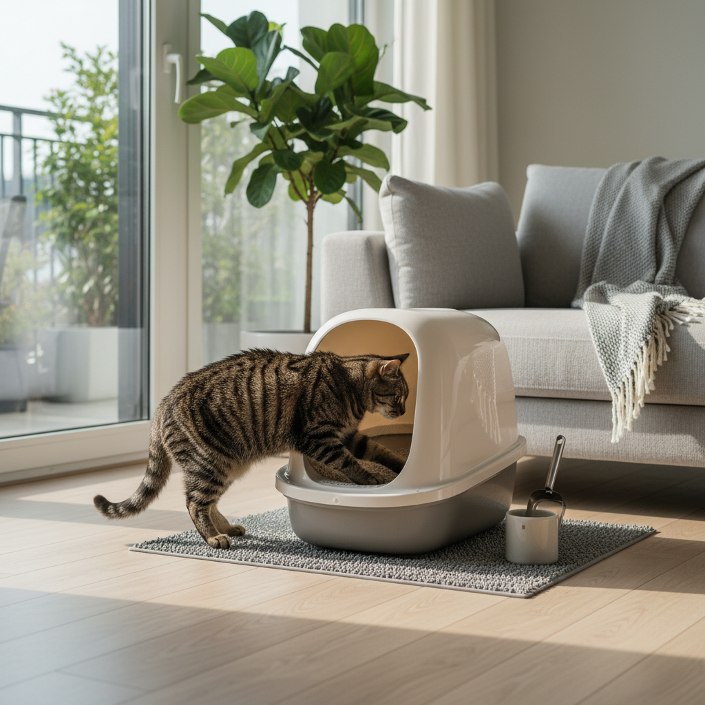 一隻虎斑貓正準備踏入室內設計簡潔客廳的貓砂盆，貓砂盆旁配有貓砂鏟和小型垃圾桶，展現了養貓生活常見的貓咪照護場景。畫面右側為米色沙發，後方有落地窗和綠色盆栽，整體環境明亮舒適，呼應了貓咪健康與整潔的養貓生活。