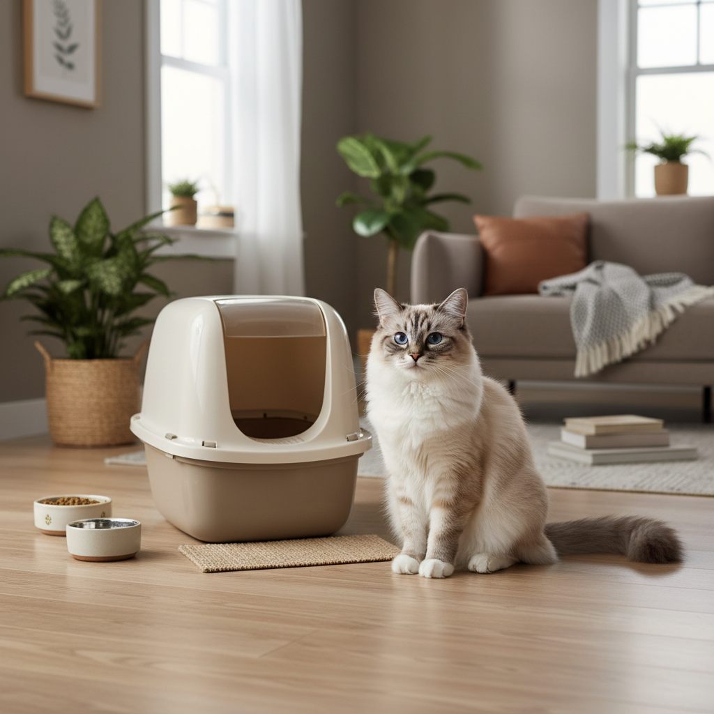 一隻擁有藍色眼睛的米白色布偶貓，端坐在淺棕色貓砂屋前面，貓砂屋旁邊有兩個裝滿飼料和水的貓碗。整個畫面呈現溫馨的居家養貓生活場景，強調貓咪照護的重要性。