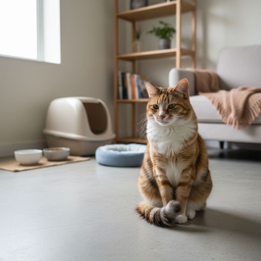 這張圖片拍攝了一隻橘白色相間的貓咪坐在家中地板上，牠的眼神專注地望向前方。背景中可見貓砂盆、貓碗和貓床等養貓必備用品，營造出一個舒適的養貓生活環境。這隻貓咪毛色健康，顯示牠受到良好的貓咪照護。