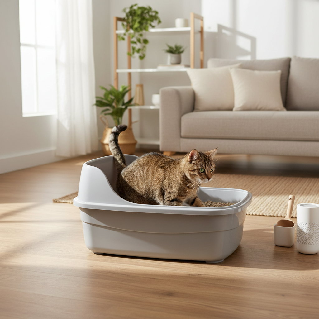 一隻斑紋虎斑貓正優雅地在一個淺灰色的開放式貓砂盆中使用貓砂，貓砂盆放置於鋪有米色地毯的木質地板上。背景是明亮舒適的居家客廳，有沙發和置物架，整個場景呈現出溫馨的養貓生活氛圍。
