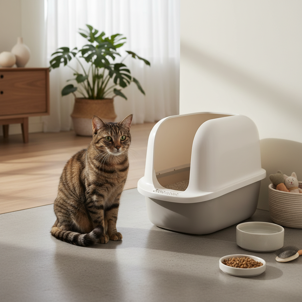 一隻擁有棕色虎斑紋的貓咪,坐在一個現代簡約風格的客廳中,牠的身旁擺放著一個米白色貓砂盆、一個裝有飼料的碗、一個水碗以及一把寵物梳子,展現了完整的貓咪健康與照護所需用品,尤其對養貓新手來說是重要的養貓必備清單。