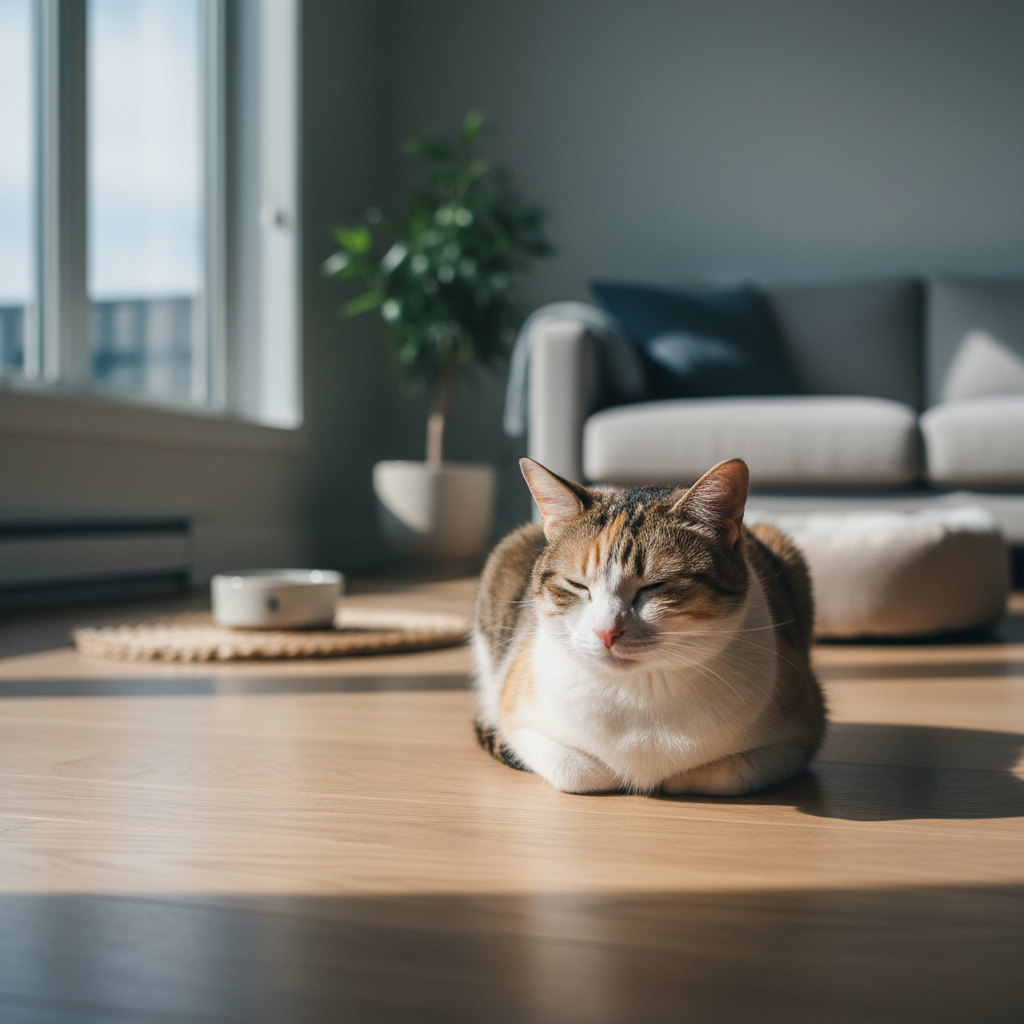 一隻擁有棕、白、橘三色毛髮的貓咪，在溫暖的陽光下舒服地趴臥在木質地板上，閉著眼睛小憩。這是貓咪健康與照護的日常寫照，牠們很懂得享受生活中的小確幸。