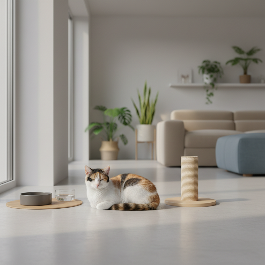 一隻橘白相間的可愛貓咪,舒適地臥坐在明亮的客廳地板上,牠的眼睛微瞇,看起來非常放鬆。旁邊放置著貓咪專用的飼料碗和水碗,還有一個簡約的貓抓柱。這幅畫面完美呈現了貓咪健康照護下平靜又溫馨的養貓生活,提醒飼主注意貓咪健康與照護的重要性。