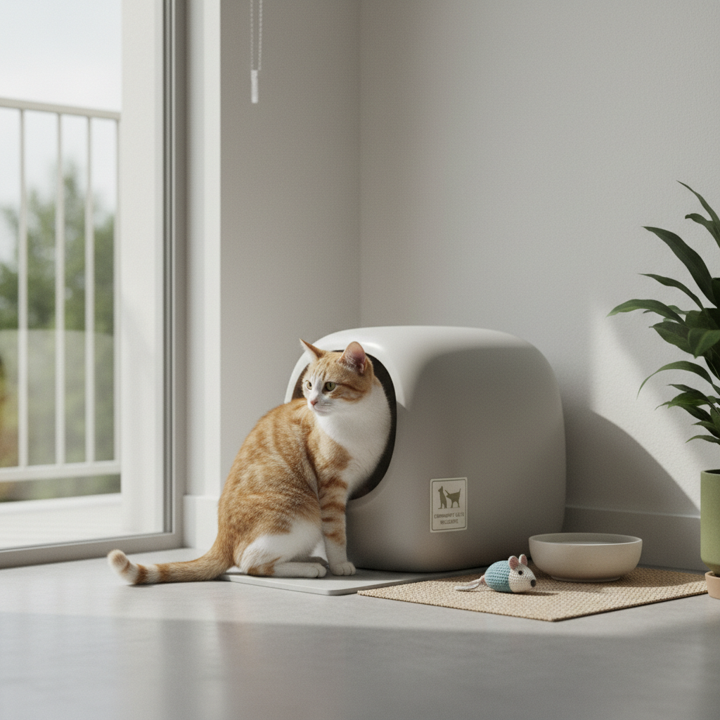 一隻橘白相間的貓咪正優雅地從一個淺灰色、設計簡約的貓砂盆中走出，眼神向左前方望去，呈現出平靜又帶點好奇的神情。貓砂盆放置在陽光充足的室內角落，旁邊有一扇大窗戶和陽台欄杆，顯示這是個明亮舒適的養貓生活環境。地板上鋪著一張米色編織地墊，上面放著一個陶瓷碗和一隻可愛的鉤針編織老鼠玩具，這些都屬於養貓必備的用品。整個場景強調了貓咪健康與照護的重要性，以及如何打造一個讓貓咪感到安心的貓砂使用空間。