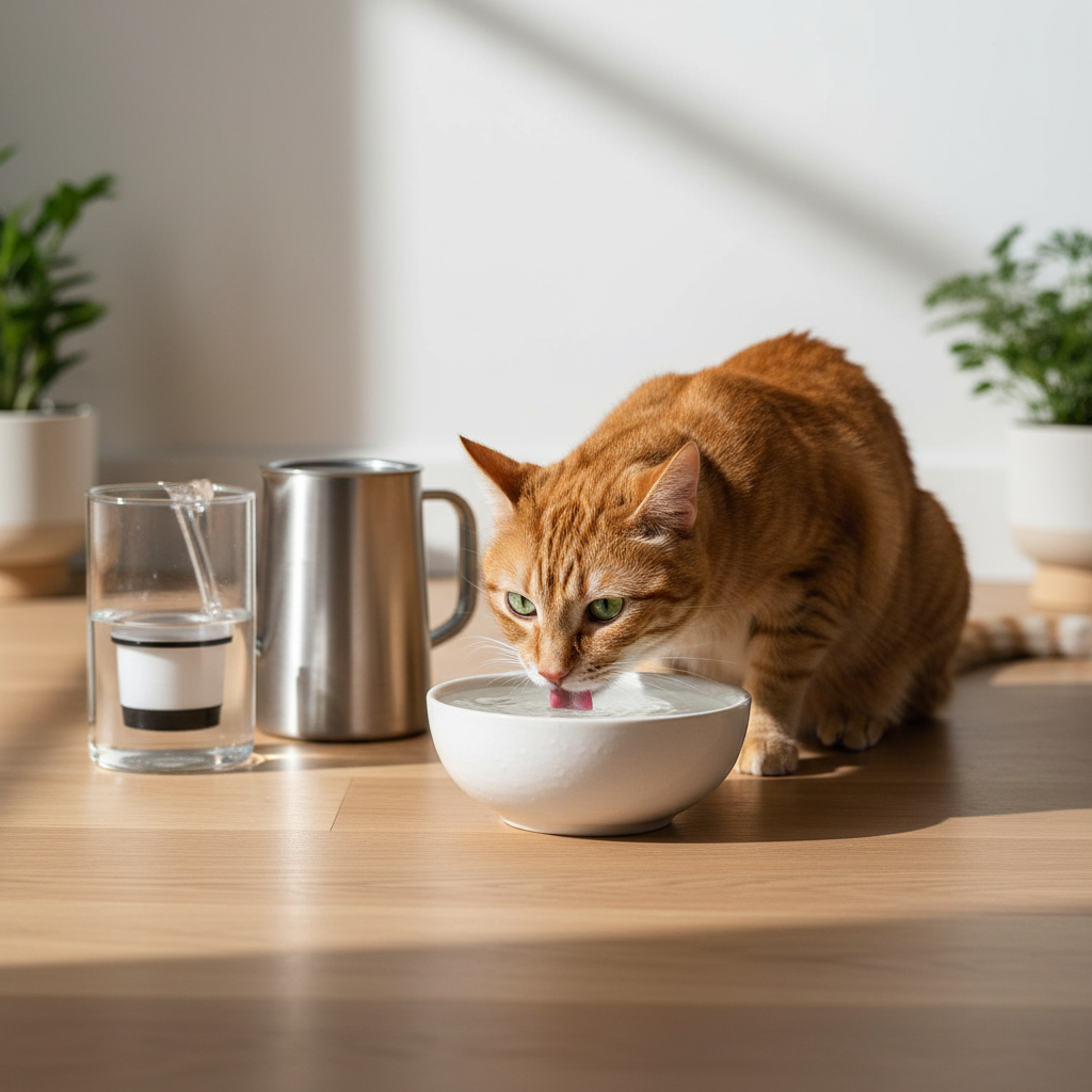 一隻橘色的貓咪正在潔白的碗中喝水，牠的眼睛注視著水面，耳朵豎起。周圍環境簡潔明亮，木質地板上可見光影斑駁，背景有兩盆綠色植物。這張圖片呈現了貓咪日常的飲水行為，是貓咪健康與照護中不可或缺的一環。