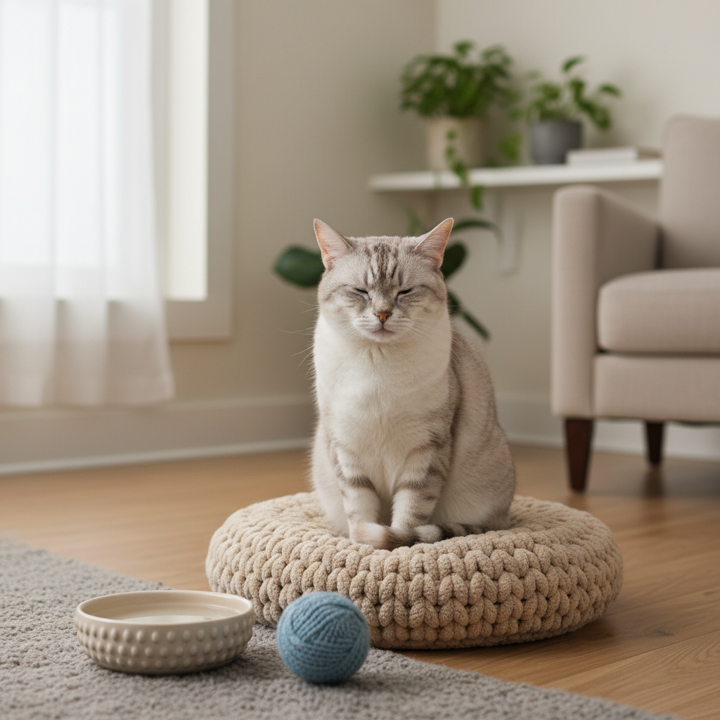 一隻灰白色虎斑貓咪，閉著眼睛舒服地坐在米色編織圓形軟墊上休息，牠身旁放著一個米色水碗和一團藍色毛線球，展現悠閒的貓咪健康生活。