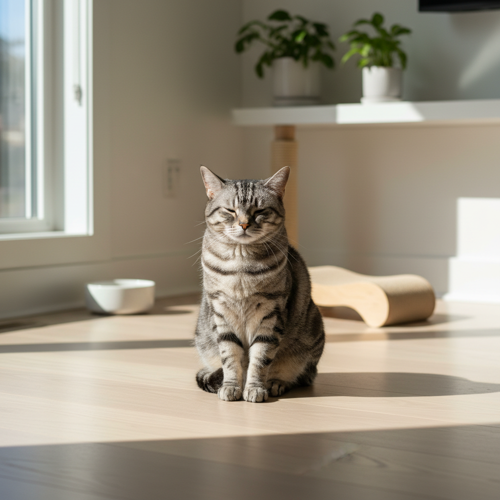 一隻灰白相間的虎斑貓咪，閉著眼睛坐在灑滿陽光的木質地板上，享受溫暖的日光浴。背景是簡潔的白色牆面和窗戶，以及幾盆綠色植物，顯示出一個舒適且注重貓咪健康的居家環境。畫面中貓咪的神情顯得非常放鬆與滿足，可能正在進行貓咪照護中的休息環節。