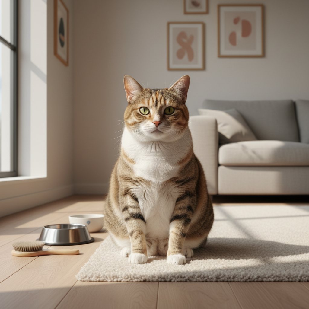 一隻擁有條紋虎斑與白色毛髮的貓咪,眼神專注地望向前方,端坐在室內溫暖陽光下的米色地毯上。牠的兩旁擺放著不鏽鋼飼料碗與白色水碗,還有一把木柄貓咪專用梳。這張照片完美捕捉了貓咪健康與照護的居家場景,讓人感受到飼主對貓咪生活的用心