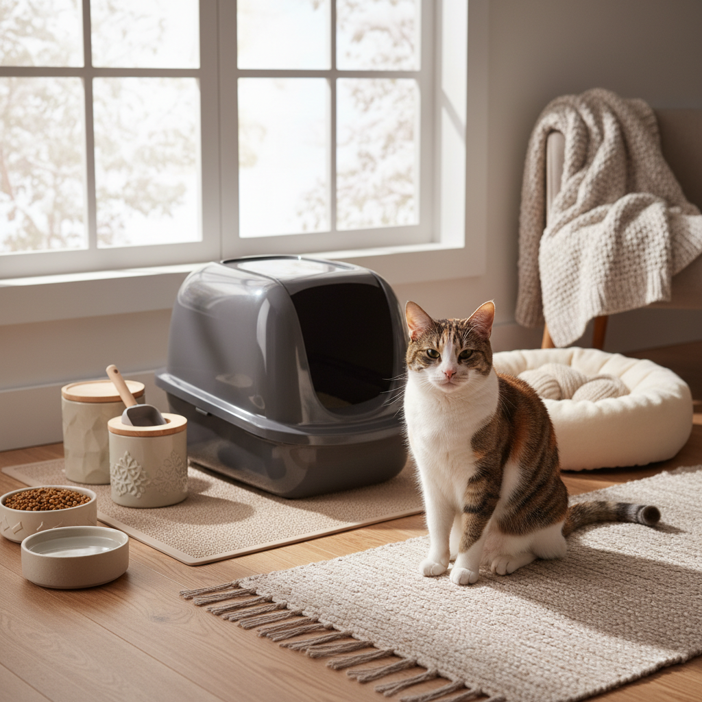 一隻斑紋貓咪舒服地坐在鋪有地毯的木地板上，旁邊擺放著時尚的貓砂盆、貓食碗和水碗。窗外是一片白雪皚皚的冬日景色，為室內營造出溫馨的對比。這張圖片完美呈現了養貓新手如何為貓咪打造舒適的養貓生活，並選擇合適的貓砂推薦。