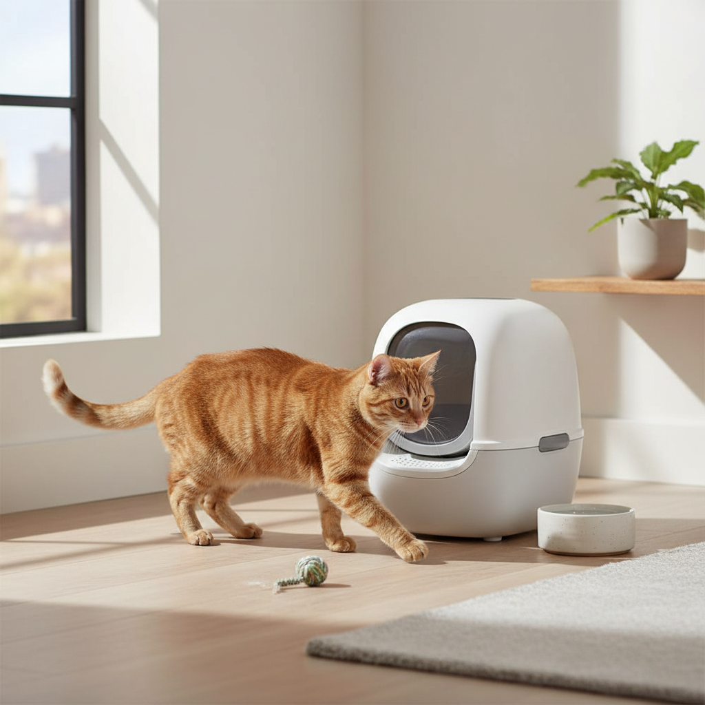 一隻橘貓正從智慧貓砂盆走出，地上散落著貓玩具，展現貓咪照護的日常與養貓生活的趣味。旁邊的窗戶透進陽光，營造出溫馨的居家氛圍。