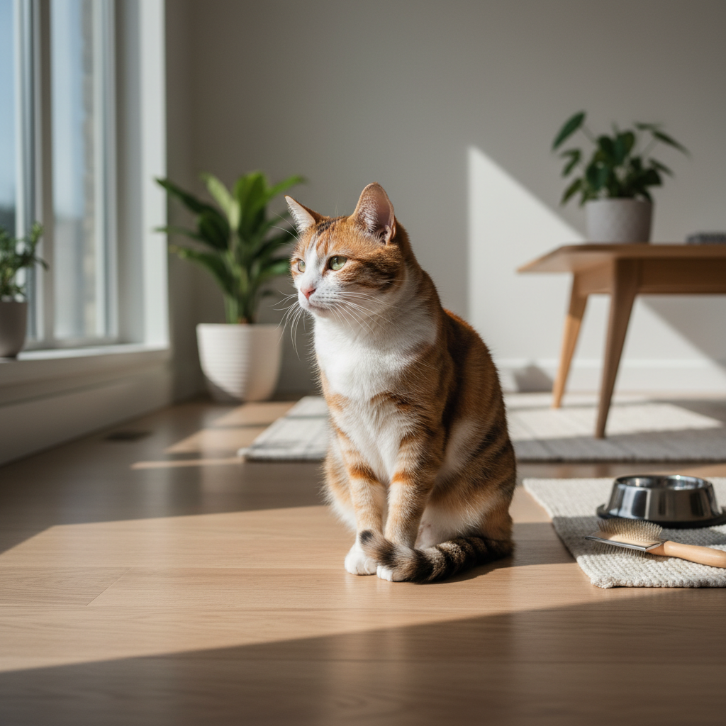 一隻橘白相間的貓咪坐在陽光灑落的木地板上，牠眼神專注地望向窗外，彷彿在思考什麼。旁邊擺著一個不鏽鋼貓碗和一把貓梳，暗示著牠的貓咪健康與照護需求，尤其在毛髮護理上。溫暖的光線讓牠的毛色看起來更加柔順，也營造出一種寧靜的養貓生活氛圍。