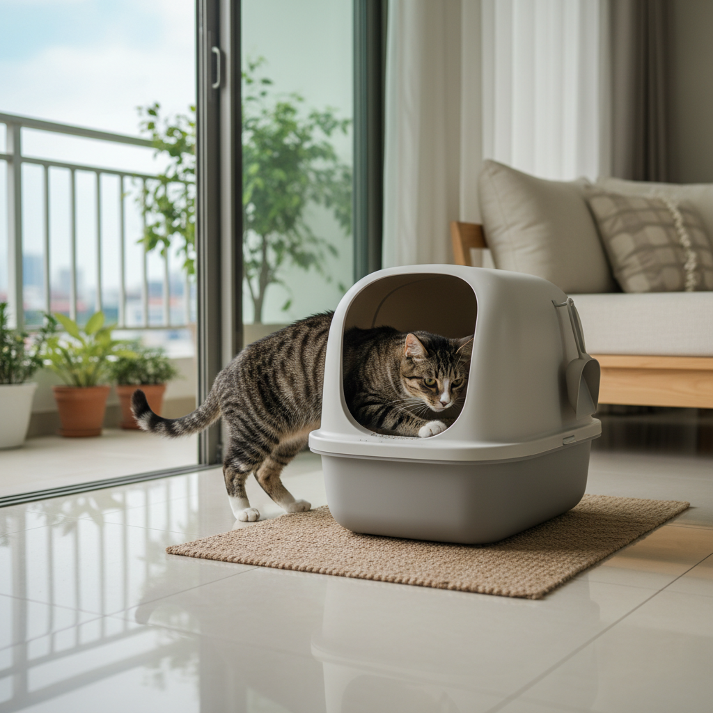 一隻斑紋貓從淺灰色有蓋貓砂盆中走出，眼神專注地看著前方，貓砂盆擺放在米色地墊上，背景是明亮的陽台落地窗，窗外綠意盎然，室內裝潢簡潔舒適。這張圖片完美呈現了養貓生活中的日常貓咪照護場景，提醒貓奴們定期清潔貓砂盆的重要性，以確保貓咪健康。