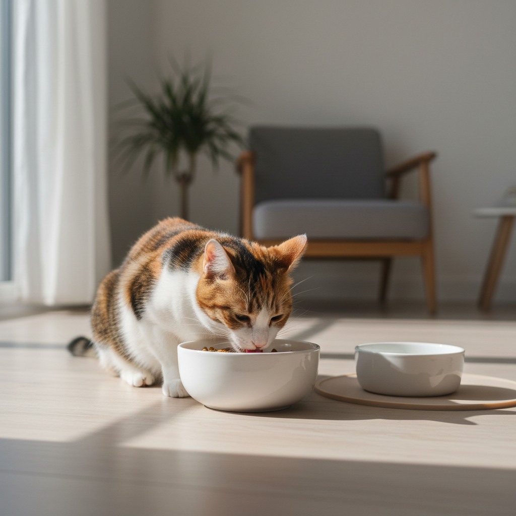 一隻三花貓咪在陽光充足的客廳地板上專心用餐的日常生活畫面,展現了貓咪自然進食行為與居家照護的緊密關係