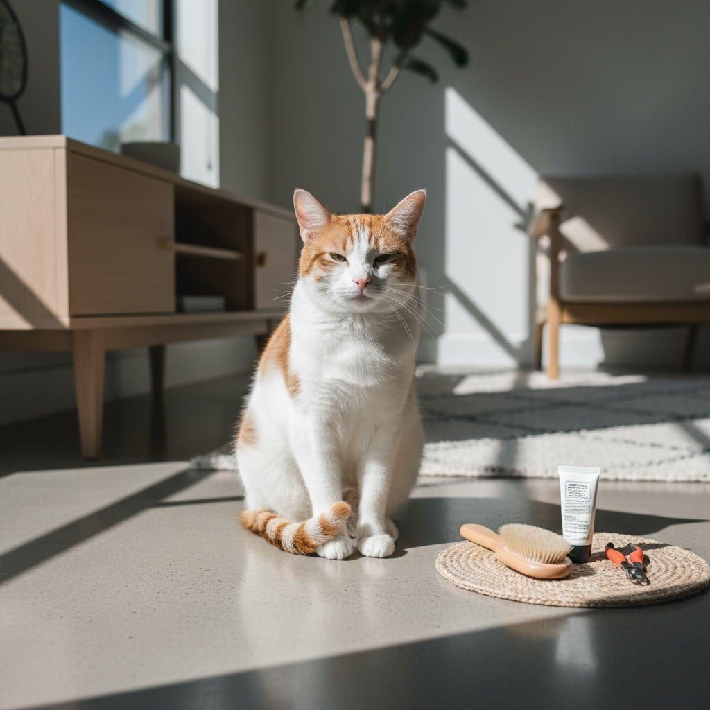 一隻橘白色相間的貓咪坐在室內地板上，神情專注地看著前方，旁邊擺放著梳子、指甲剪和一條護手霜，這些是貓咪照護的必備用品。