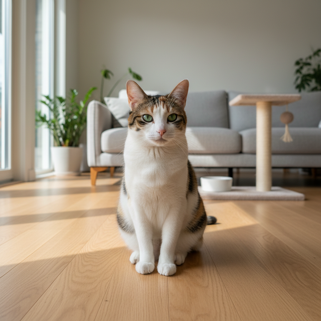這張照片是從低角度拍攝，一隻擁有白色、棕色與黑色斑紋的虎斑貓，正端坐在木質地板上，直視著鏡頭。牠的眼睛是迷人的綠色，耳朵微微豎起，表情顯得相當專注。貓咪身體健康、毛色有光澤，可見日常貓咪照護做得很好。背景是明亮寬敞的客廳，陽光從左側窗戶灑落，在地板上形成溫暖的光影，沙發和貓抓柱等養貓必備的用品則清晰可見。