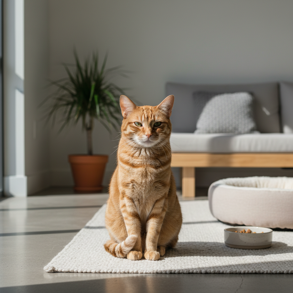 一隻橘貓端坐在陽光灑落的客廳地板上，牠的眼神專注地望向前方，身旁擺著牠的食物碗和一個柔軟的貓床。這張圖片完美捕捉了居家養貓生活中的寧靜一刻，同時也暗示著貓咪健康照護的重要性，因為規律的餵食是貓咪健康的基本要素。